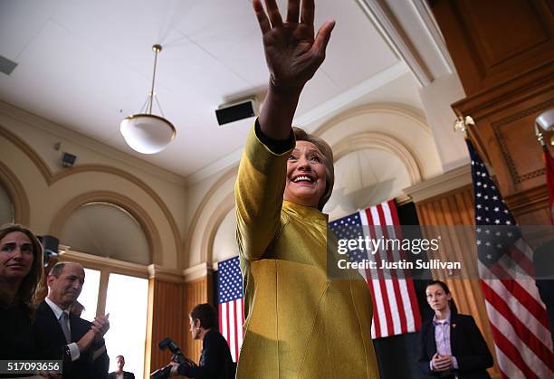 Democratic presidential candidate former Secretary of State Hillary Clinton greets attendees before delivering a counterterrorism address at Stanford...