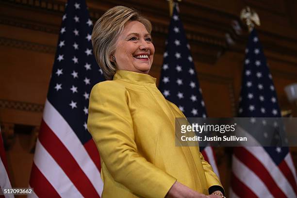 Democratic presidential candidate former Secretary of State Hillary Clinton delivers a counterterrorism address at Stanford University on March 23,...