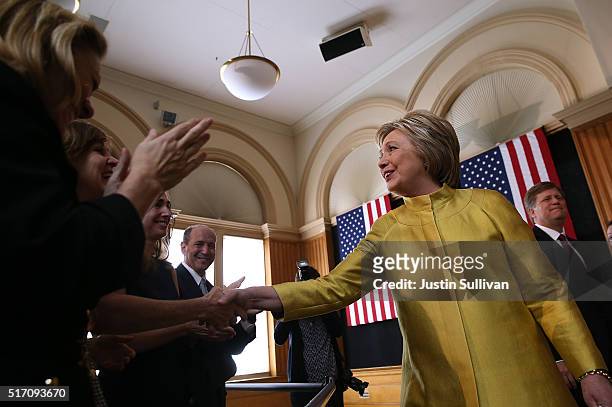 Democratic presidential candidate former Secretary of State Hillary Clinton greets attendees before delivering a counterterrorism address at Stanford...