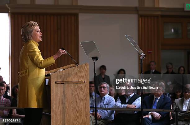 Democratic presidential candidate former Secretary of State Hillary Clinton delivers a counterterrorism address at Stanford University on March 23,...