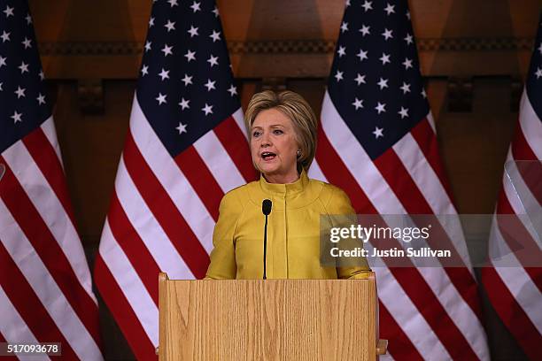 Democratic presidential candidate former Secretary of State Hillary Clinton delivers a counterterrorism address at Stanford University on March 23,...