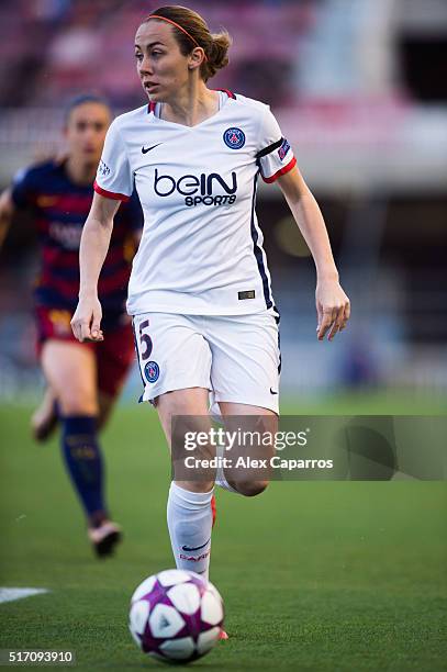 Sabrina Delannoy of Paris Saint-Germain conducts the ball during the UEFA Women's Champions League Quarter Final first leg match between FC Barcelona...