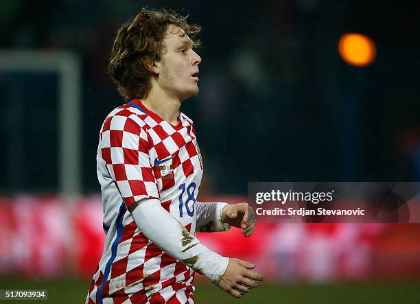 Alen Halilovic of Croatia looks on during the International Friendly match between Croatia and Israel at stadium Gradski Vrt on March 23, 2016 in...