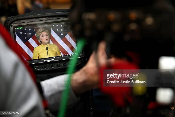 Democratic presidential candidate former Secretary of State Hillary Clinton is seen on a monitor as she delivers a counterterrorism address at...