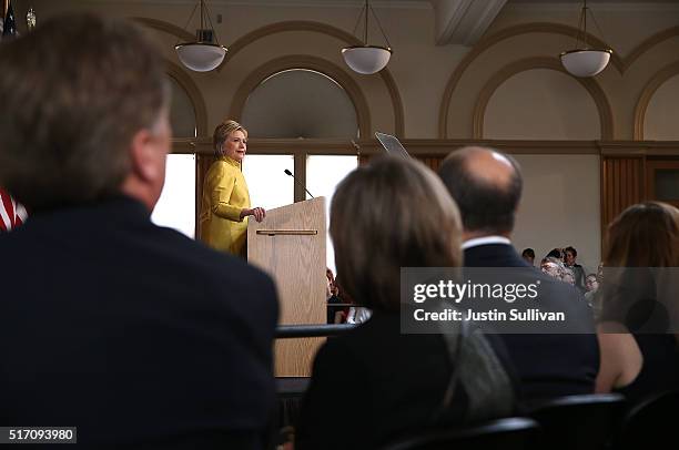 Democratic presidential candidate former Secretary of State Hillary Clinton delivers a counterterrorism address at Stanford University on March 23,...