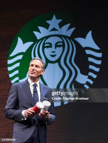 Starbucks CEO Howard Schultz speaks about the Christmas cup controversy during the Starbucks Annual Shareholders Meeting on March 23, 2016 in...