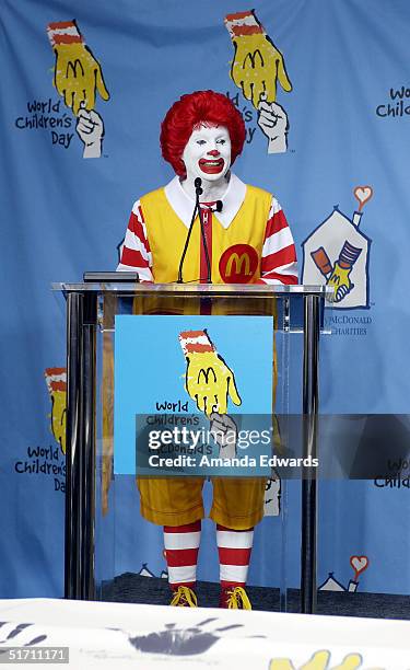 Ronald McDonald gives a speech at McDonald's World Children's Day on November 9, 2004 at McDonald's in the Silverlake section of Los Angeles,...