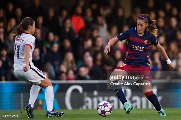 Olga Garcia of FC Barcelona controls the ball next to Jessica Houara-d'Hommeaux of Paris Saint-Germain of Paris Saint-Germain during the UEFA Women's...