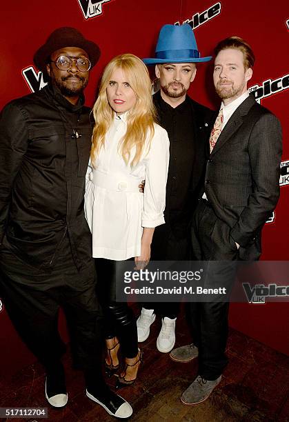 Will.i.am, Paloma Faith, Boy George, and Ricky Wilson attend The Voice UK Open Mic Night at The Scotch of St James on March 23, 2016 in London,...