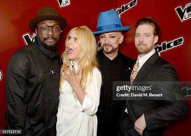 Will.i.am, Paloma Faith, Boy George, and Ricky Wilson attend The Voice UK Open Mic Night at The Scotch of St James on March 23, 2016 in London,...