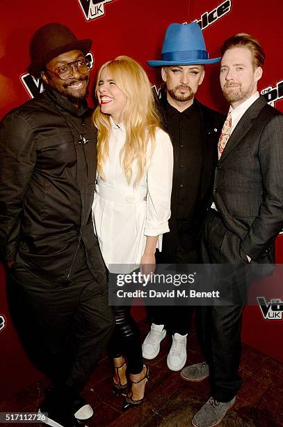 Will.i.am, Paloma Faith, Boy George, and Ricky Wilson attend The Voice UK Open Mic Night at The Scotch of St James on March 23, 2016 in London,...