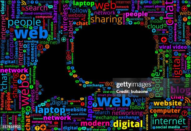 chat bubbles on modern communication and technology word cloud - word cloud tech stock illustrations