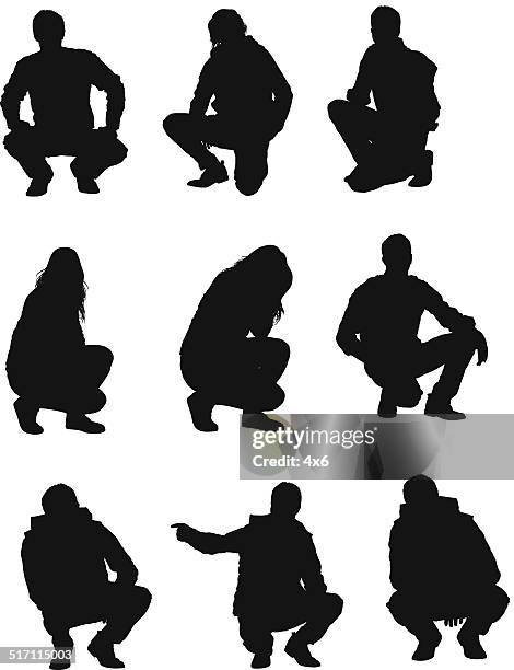 ilustraciones, imágenes clip art, dibujos animados e iconos de stock de personas squatting - crouching