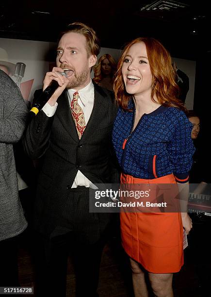 Ricky Wilson and Angela Scanlon on stage at The Voice UK Open Mic Night at The Scotch of St James on March 23, 2016 in London, England.