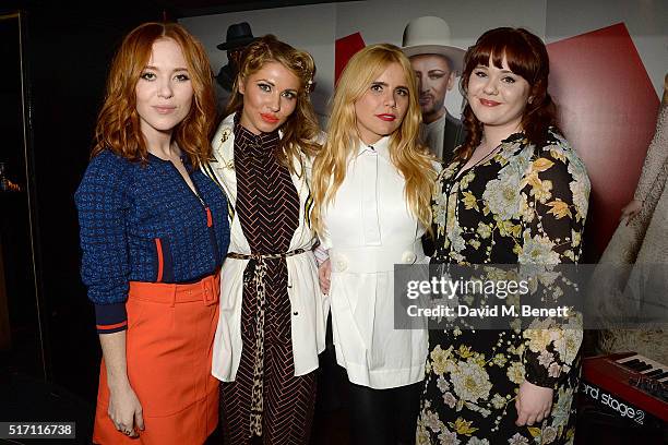 Angela Scanlon, Beth Morris, Paloma Faith and Heather Cameron-Hayes attend The Voice UK Open Mic Night at The Scotch of St James on March 23, 2016 in...