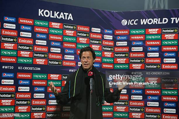Imran Khan speaks before the ICC World Twenty20 India 2016 match between Pakistan and India at Eden Gardens on March 19, 2016 in Kolkata, India.