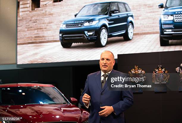 President & CEO of Jaguar Land Rover North America Joe Eberhardt introduces the Jaguar F-Type SVR and Jaguar F-Pace at the New York International...