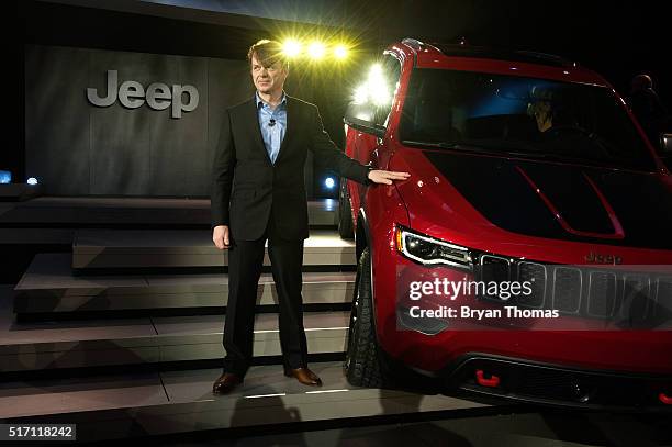 Head of Jeep Brand Mike Manley stands next to the Trailhawk model of the Jeep Grand Cherokee at the New York International Auto Show at the Javits...