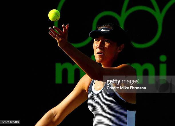 Samantha Crawford plays a match against CoCo Vandeweghe during Day 3 of the Miami Open presented by Itau at Crandon Park Tennis Center on March 23,...