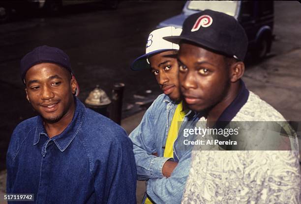 Ali Shaheed Muhammad, Phife Dawg and Q-TIp of the hip hop group "A Tribe Called Quest" pose for a portrait session in July 1991 in New York .