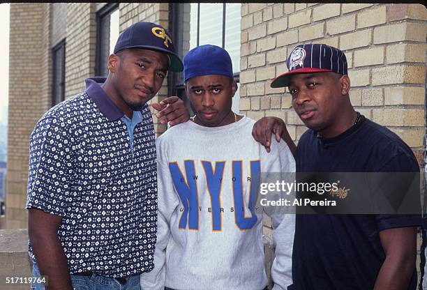 Tip, Ali Shaeed Muhammad of the hip hop group "A Tribe Called Quest" pose with Chuck D of "Public Enemy" for a portrait session in 1992 in New York.