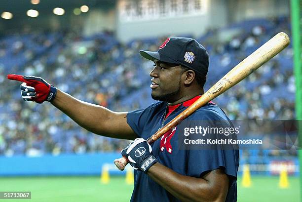 Infielder David Ortiz of the Boston Red Sox is seen during the 5th game of the exhibition series between US MLB and Japanese professional baseball at...