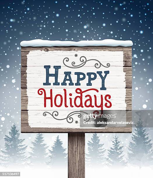 wooden sign with holiday greetings - blue wood stock illustrations