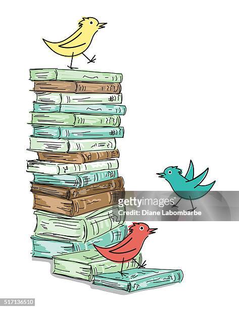 stack of sketchy books with cartoon birds - girl reading stock illustrations
