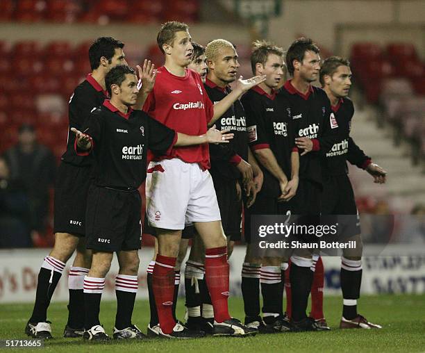 Michael Dawson of Nottingham Forest stands in the Rotherham United defensive wall during the Coca Cola Chamionship match between Nottingham Forest...