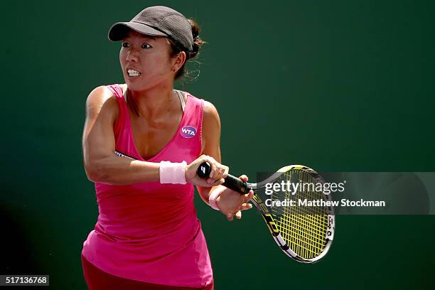 Vania King returns a shot to Lourdes Dominguez Lino of Spain during the Miami Open presented by Itau at Crandon Park Tennis Center on March 23, 2016...