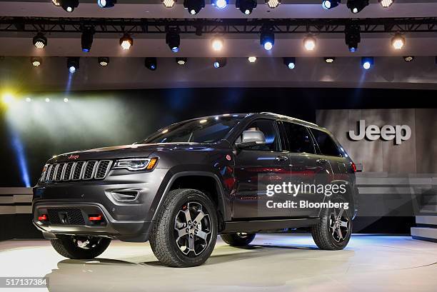 The Chrysler Group LLC Jeep Cherokee Trailhawk sports utility vehicle is displayed during the 2016 New York International Auto Show in New York,...