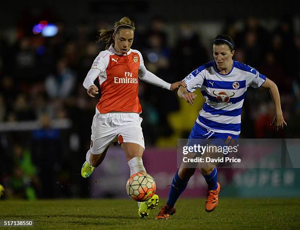 Jordan Nobbs of Arsenal Ladies takes on Helen Ward of Reading during the match between Arsenal Ladies and Reading FC Women on March 23, 2016 in...