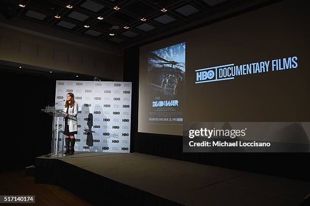 Of HBO Documentary Films Nancy Abraham introduces the NYC screening of the HBO Documentary Film "ONLY THE DEAD SEE THE END OF WAR" on March 23, 2016...