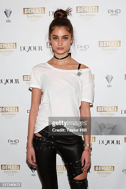 Victoria's Secret Angel Taylor Hill attends the launch of Behati Juicy Couture Black Label at Dream Downtown on March 23, 2016 in New York City.