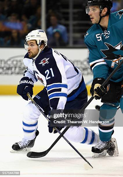 Galiardi of the Winnipeg Jets plays in the game against the San Jose Sharks at SAP Center on October 11, 2014 in San Jose, California.