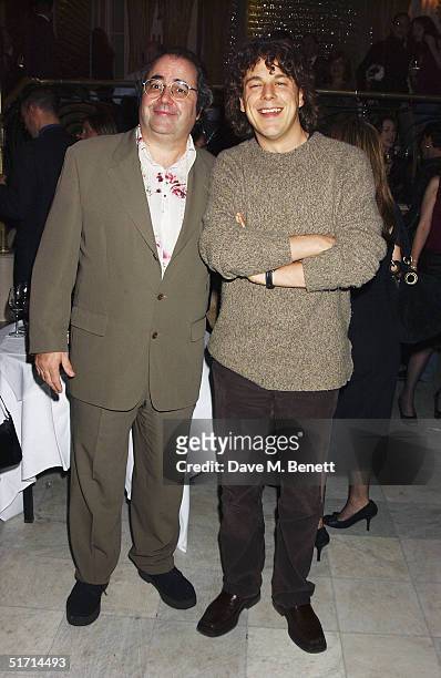 Radio Dj Danny Baker and comedian Alan Davies and guest attend the aftershow party following the UK Premiere of the musical "The Producers", at the...