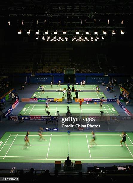 General view of some of the 100 badminton players competing during the China Open Badminton Championships November 10, 2004 in Guangzhou, China. Pi...