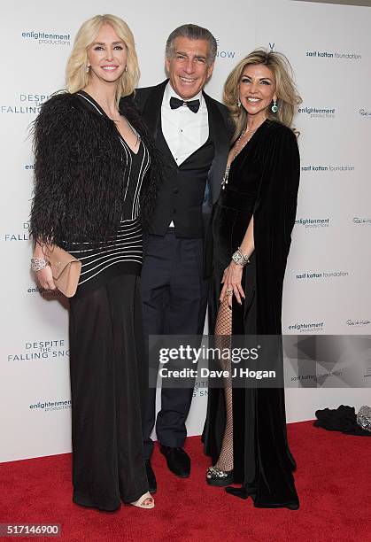 Amanda Cronin, Steve Varsano and Lisa Tchenguiz attend a drink reception during a charity premiere of "Despite The Falling Snow" at May Fair Hotel on...