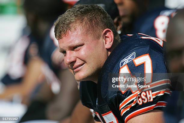 Bryan Johnson of the Chicago Bears looks on from the bench during the game against the Tampa Bay Buccaneers at Raymond James Stadium on October 24,...