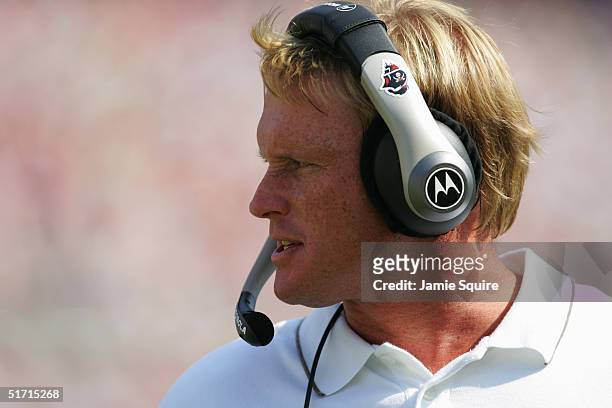 Head Coach Jon Gruden of the Tampa Bay Buccaneers looks on from the sideline during the game against the Chicago Bears at Raymond James Stadium on...