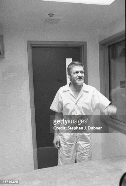 American domestic terrorist, luddite, and mathematics teacher Ted Kaczynski gestures and smiles during an interview in a visiting room at the Federal...