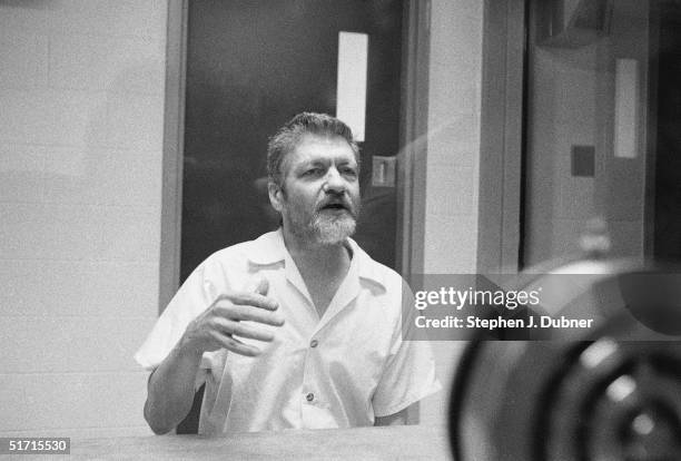 American domestic terrorist, luddite, and mathematics teacher Ted Kaczynski gestures as he speaks during an interview in a visiting room at the...
