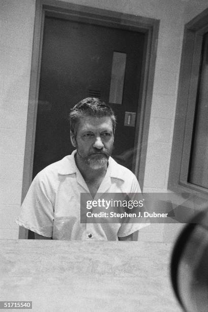 American domestic terrorist, luddite, and mathematics teacher Ted Kaczynski listens during an interview in a visiting room at the Federal ADX...