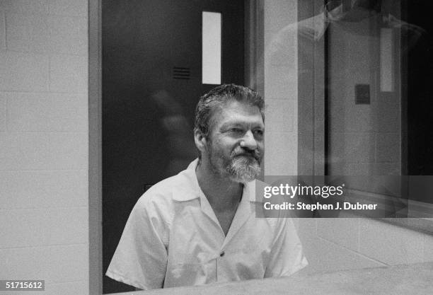 American domestic terrorist, luddite, and mathematics teacher Ted Kaczynski sits during an interview in a visiting room at the Federal ADX Supermax...