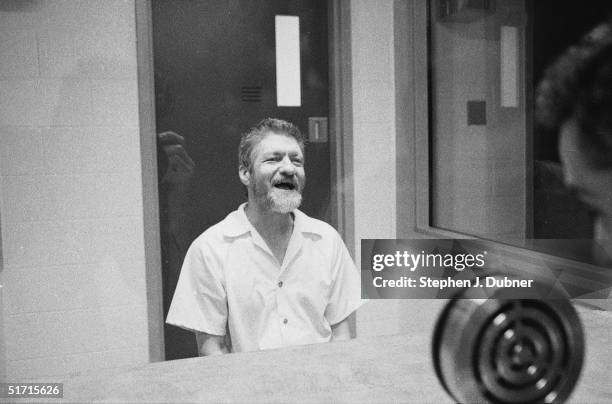 American domestic terrorist, luddite, and mathematics teacher Ted Kaczynski smiles as he speaks during an interview in a visiting room at the Federal...