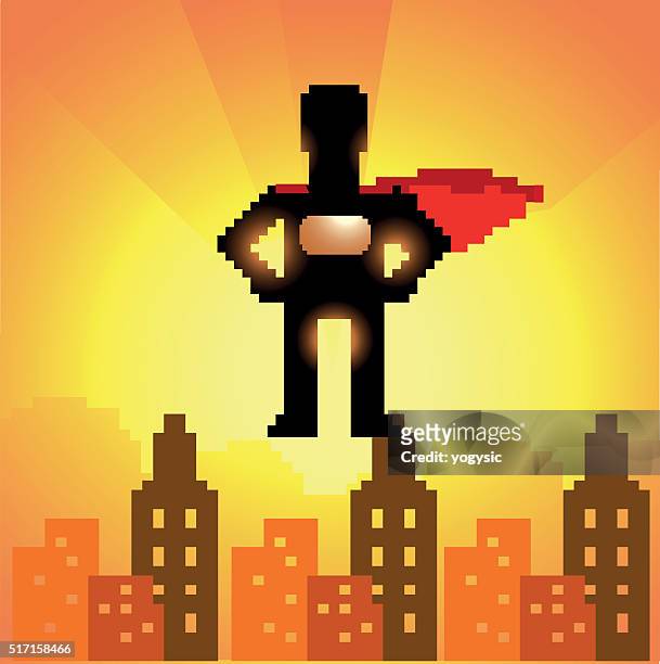 pixelated 8-bit superhero silhouette - pocket electronic game stock illustrations