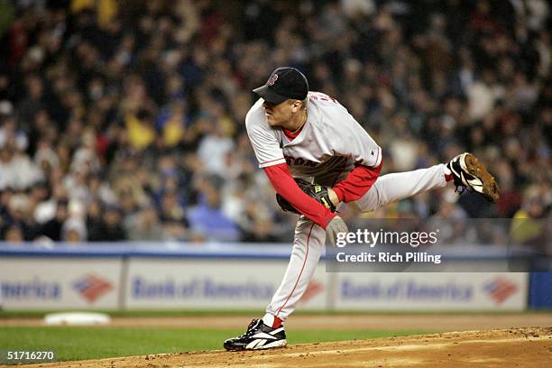 Pitcher Curt Schilling of the Boston Red Sox pitches during game six of the ALCS against the New York Yankees at Yankee Stadium on October 19, 2004...