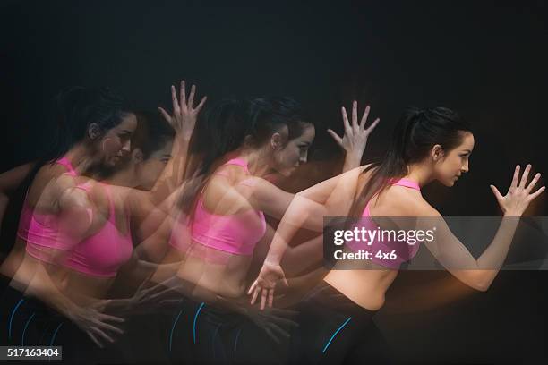 multiple exposure - sportswoman running - double exposure running stock pictures, royalty-free photos & images