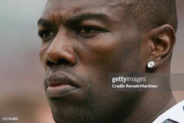 Wide receiver Terrell Owens of the Philadelphia Eagles watches from the sideline during the game with the Cleveland Browns on October 24, 2004 at...