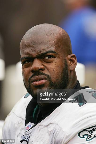 Offensive tackle Tra Thomas of the Philadelphia Eagles stands on the field during the game with the Cleveland Browns on October 24, 2004 at Cleveland...